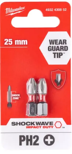 [4932430852] Milwaukee Embouts de vissage SHOCKWAVE PH2 25 mm (2 piéces)