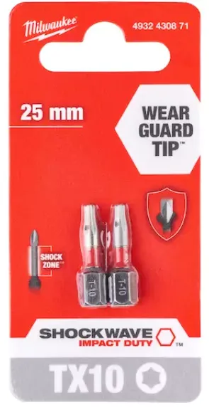 [4932430871] Milwaukee Embouts de vissage SHOCKWAVE TX10 25 mm (2 piéces)