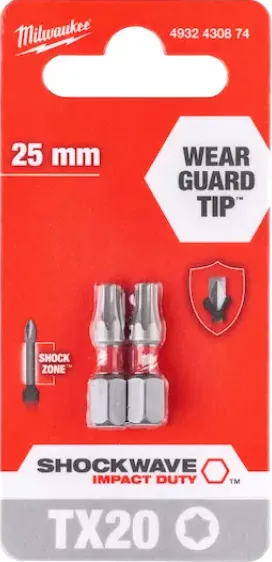 [4932430874] Milwaukee Embouts de vissage SHOCKWAVE TX20 25 mm (2 piéces)