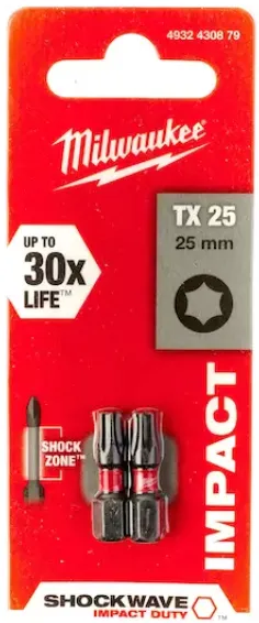 [4932430879] Milwaukee Embouts de vissage SHOCKWAVE TX25 25 mm (2 piéces)