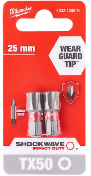 [4932430891] Milwaukee Embouts de vissage SHOCKWAVE TX50 25 mm (2 piéces)