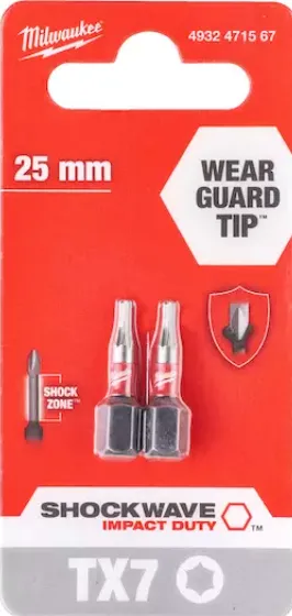 [4932471567] Milwaukee Embouts de vissage SHOCKWAVE TX7 25 mm (2 piéces)