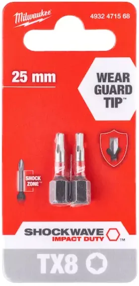 [4932471568] Milwaukee Embouts de vissage SHOCKWAVE TX8 25 mm (2 piéces)